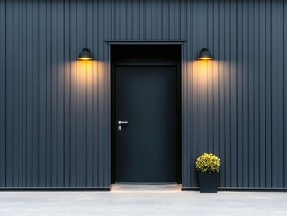 Fototapeta premium Sleek black container cosmetic store, minimalist signage, large glass windows, trendy urban street, modern industrial design, evening glow