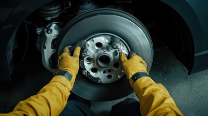 Car's brake system showing wear. Featuring worn brake pads and a mechanic examining them
