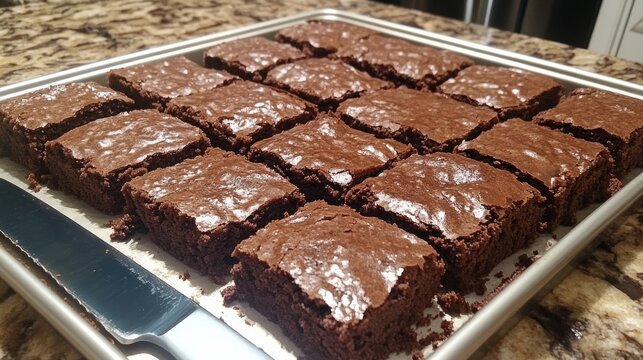 Freshly Baked Chocolate Brownies on Baking Tray Cut into Squares