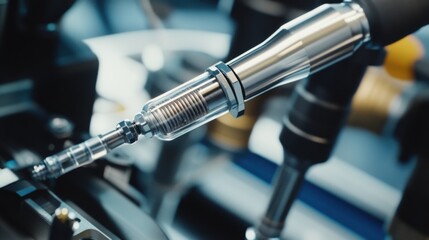 Close-up of a car's fuel injector being tested. Featuring tools and testing equipment around