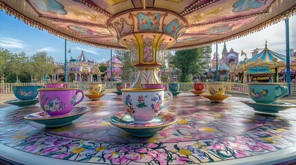Whimsical Vintage Teacup Ride with Colorful Decorations and Nature