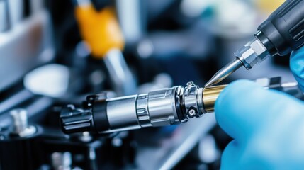 Close-up of a car's fuel pump being replaced. Featuring a technician working diligently