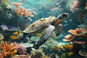Obraz premium Underwater world. Corals. Turtle. Depth. image for 3d floor. Dive into the underwater world.