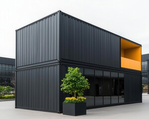 Fototapeta premium Industrialthemed gray container beauty store with exposed metal beams, clean lines, busy city street, evening rush hour