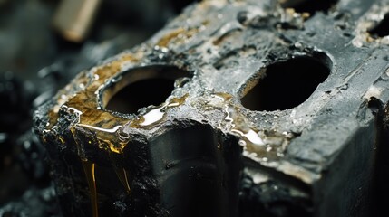 Close-up of a cracked engine block. Featuring oil leaks and visible damage