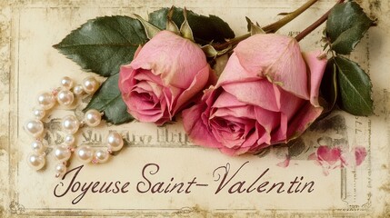 Elegant Joyeuse Saint-Valentin greeting card design with vintage-style pink roses, pearls, and handwritten script on a delicate background.