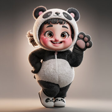 Girl wearing panda costume waving hand