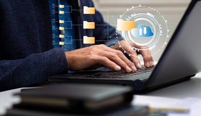 person work with laptop and management data in system online database storage technology cloud computing service