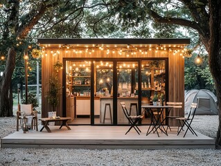 Rustic wooden container cosmetic shop with fairy lights, cozy outdoor seating under trees, small village market, warm evening