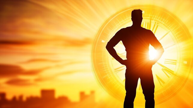 Stylized clock inside human silhouette symbolizes the passage of time and its impact on human life, representing the balance between moments and existence.