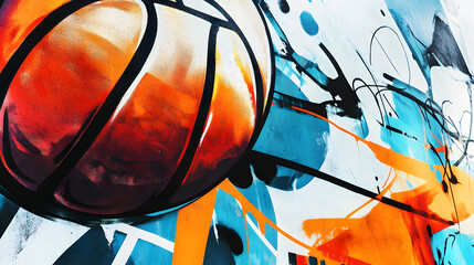Fototapeta premium Graffiti-style basketball mural with abstract shapes and vibrant colors, featuring a basketball in the foreground and urban street art aesthetic