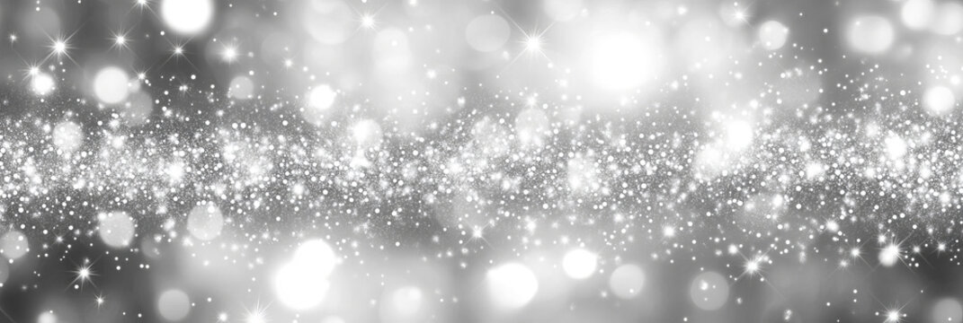 A dazzling white glitter background sparkles with silvery lights and bokeh effects, evoking a sense of celebration and timeless elegance.