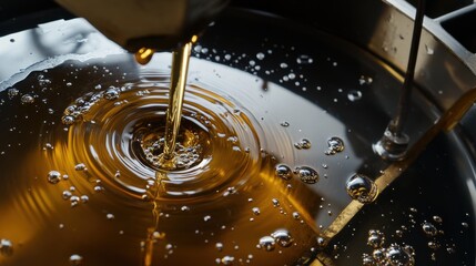 Close-up of an oil change in progress. Featuring oil draining from the engine and tools nearby