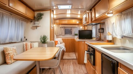 comfortable kitchen interior in a camper vehicle or mobile home trailer