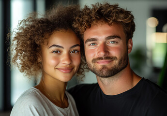 Obraz premium A vibrant portrait of a smiling, multiethnic couple standing by a modern office window. Their connection shines through their expressions, creating a warm, inviting scene.