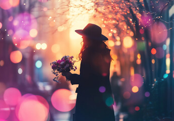 A graceful woman strolls down a vibrant street, holding a bouquet of flowers. The dreamy hues of sunlight filtering through trees add a magical touch to the scene.