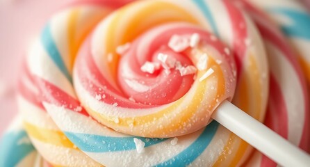 Close up view of sweet candy rainbow lollipop