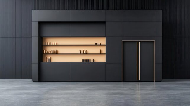 Modern black and gold container cosmetic shop with geometric lines, upscale signage, trendy downtown district, evening glow