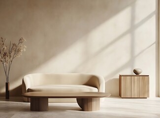 Stylish minimalist living room with a beige sofa, sleek coffee table, and a wooden side cabinet, against a calm, empty wall space. 3D rendering showcasing ultra-realistic materials.