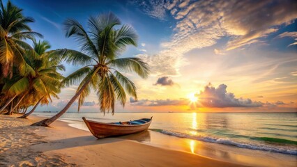 Serene Sunrise on a Tropical Beach with a Wooden Boat Gently Rocking in the Calm Waters