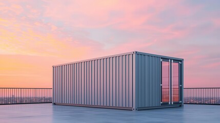 Obraz premium Industrialchic gray container beauty boutique with rooftop seating, modern design, trendy urban market, stylish crowd, twilight hour