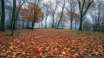 A foggy morning in an autumn forest with dense mist surrounding bare trees and a carpet of fallen orange and red leaves 