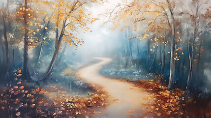 Obraz premium A misty autumn woodland with muted tones and a winding path covered in golden and brown leaves 