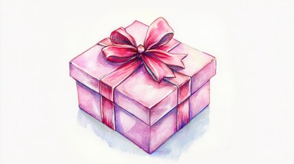 Obraz premium Pink Gift Box with Red Ribbon Watercolor