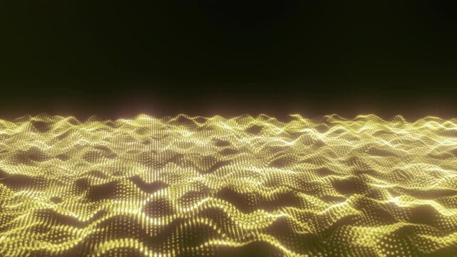 Seamleas loop digital abstract  cyberspace futuristic background.  Gold and yellow  color particles wave flowing with lines and dots. Motion gilter bright  blurred backdrop. 4k