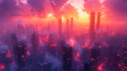 Obraz premium A vibrant cyberpunk cityscape at sunset, featuring towering skyscrapers and a glowing atmosphere.