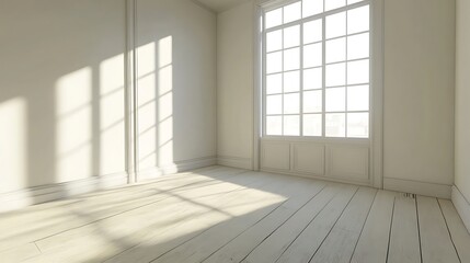 Fototapeta premium Super-detailed 3D rendering of an empty, bright minimalist room, featuring a clean white wall and light wooden floor. Window light casts intricate shadows, creating a calm interior scene.