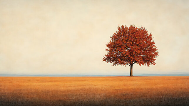A solitary autumn tree standing in an empty meadow with warm earthy tones and a distant horizon under soft evening light 