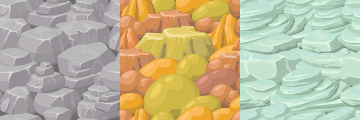 Textures of stone floor and wall. Seamless game pattern of pavement with rocks . Vector cartoon cobblestones and granite blocks set 2d ui gui collction