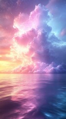 Dreamlike Sunset Over Serene Ocean with Pastel Clouds