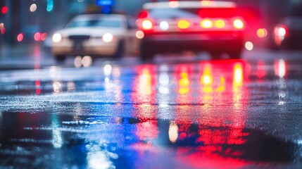 Police car lights flashing in a busy urban environment, symbolizing vigilance and security in maintaining public order.