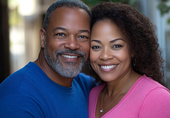 Fototapeta premium A joyful middle-aged Black couple embraces in their sunny backyard. Their radiant smiles and warm connection embody love and happiness.