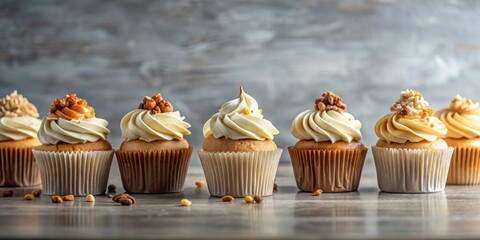 A delightful row of sweet vanilla cupcakes, each adorned with various delectable toppings, presents a tempting array of flavors and textures for a delightful treat.