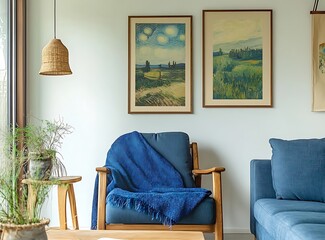 The living room is furnished with a blue armchair and a wooden sofa, with a blue blanket resting on the sofa. Posters on the white wall echo the styles of Van 