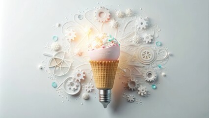 A Sweet Invention  Ingenious Concept Featuring Ice Cream in a Lightbulb Shaped Cone Surrounded by Abstract White Mechanical Elements
