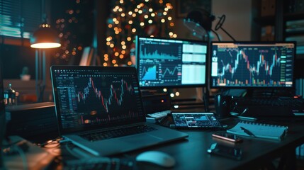 Home Trading Desk with Monitors Showing Market Charts