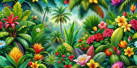 Lush Tropical Paradise A Vibrant Tapestry of Exotic Flora and Palm Trees, Evoking Feelings of Warmth, Serenity, and Abundant Natural Beauty