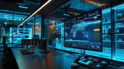 High Tech Trading Office with Global Market Analytics