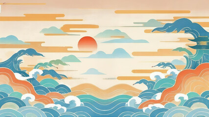 a painting of waves and sun
