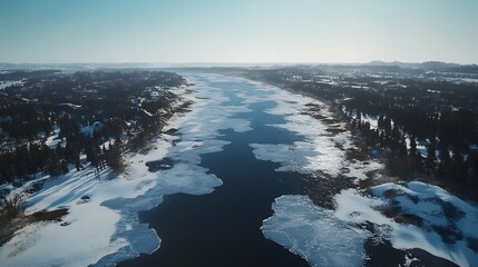 An aerial view of a large frozen river with patches of snow along the sides, stretching through a forested area under clear skies.