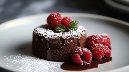 A Single Chocolate Lava Cake with Raspberry and Mint Garnish