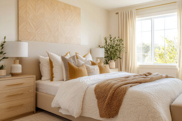 Modern bedroom interior design featuring golden and beige tones with natural light
