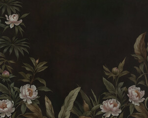 Photo wallpapers for the interior. Mural for the walls. The decor is in the grunge style. Peonies on a brown background, botanical drawing. Design for walls.