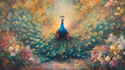 Majestic Peacock in a Blooming Garden: A Vibrant Oil Painting