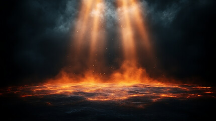 A dramatic scene shows three beams of orange light piercing dark clouds, illuminating a fiery landscape.