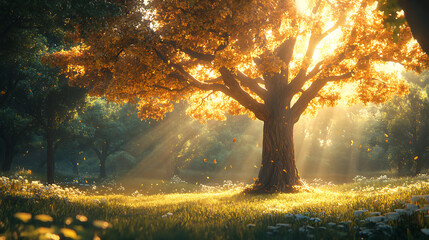 Majestic Tree in Sunlit Forest Clearing